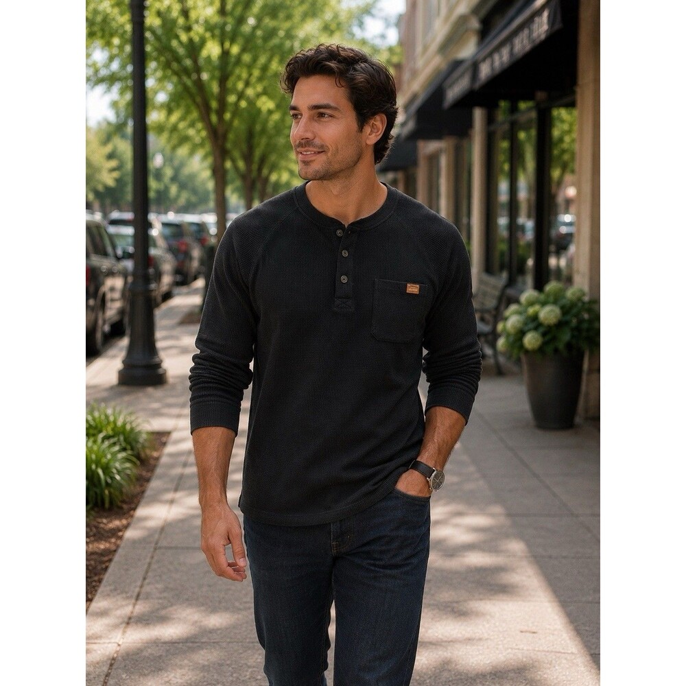L.L. Bean Shirt Mens LG-Tall Black Waffle Thermal Henley Long Sleeve Pocket Knit